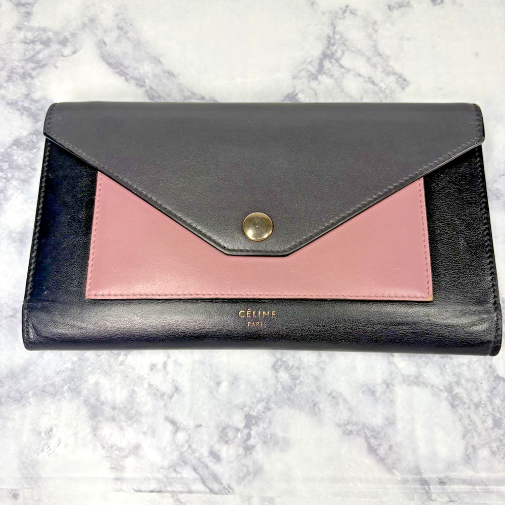 Celine Large Leather Pocket Flap Tri Fold Wallet Black & Pink w/ Zippy Pouch
